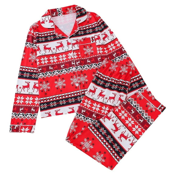 Luwomo Christmas Pajamas 2 Piece Sets Womens Santa All Print Lapel Long Sleeved and Long Pants Cardigan Loose Fit Homewear Regular Sleepwear,A-Red,L