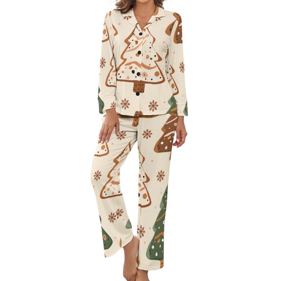 PoBuds Women's Long Sleeve Flannel Pajama Set Sleepwear Christmas Tree S