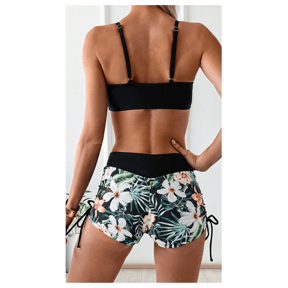 Floral Swimsuits for Women Drawstring Boyshorts Bikini Sets Criss Cross High Waisted Two Piece Bathing Suit Plus Size Swimwear