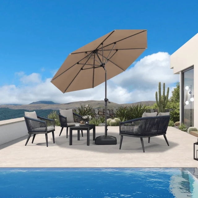 PURPLE LEAF Parasol de Table Rond d'Extérieur de 10 Pieds avec Manivelle et Inclinaison, Parasol de Terrasse de Marché à Cadre en Aluminium, 8 Nervures Robustes, Taupe