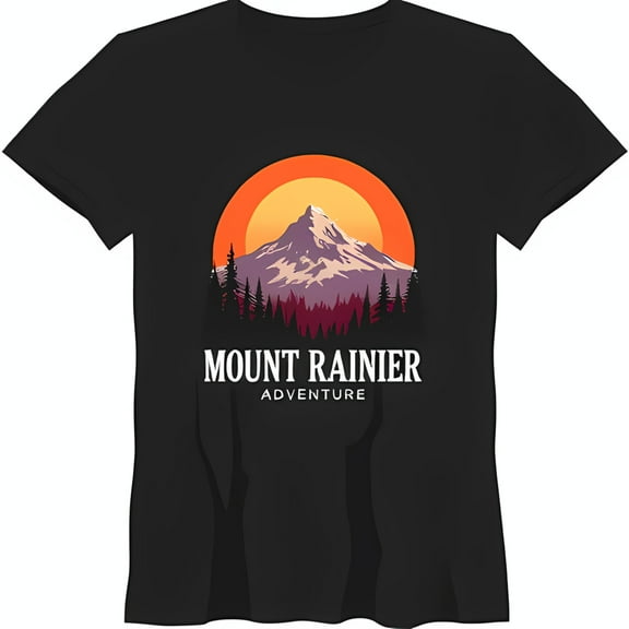 Black T-Shirt with Mountain Range & Sunset 'Mount Rainier Adventure' Graphic Tee