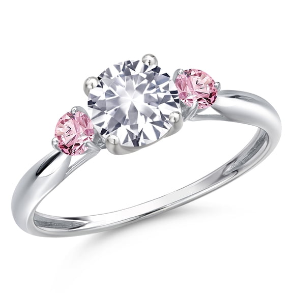 Gem Stone King 10K White Gold White Created Sapphire and Pink Lab Grown Diamond 3-Stone Ring for Women | 1.26 Cttw | Round 6MM | Gemstone September Birthstone | Size 8