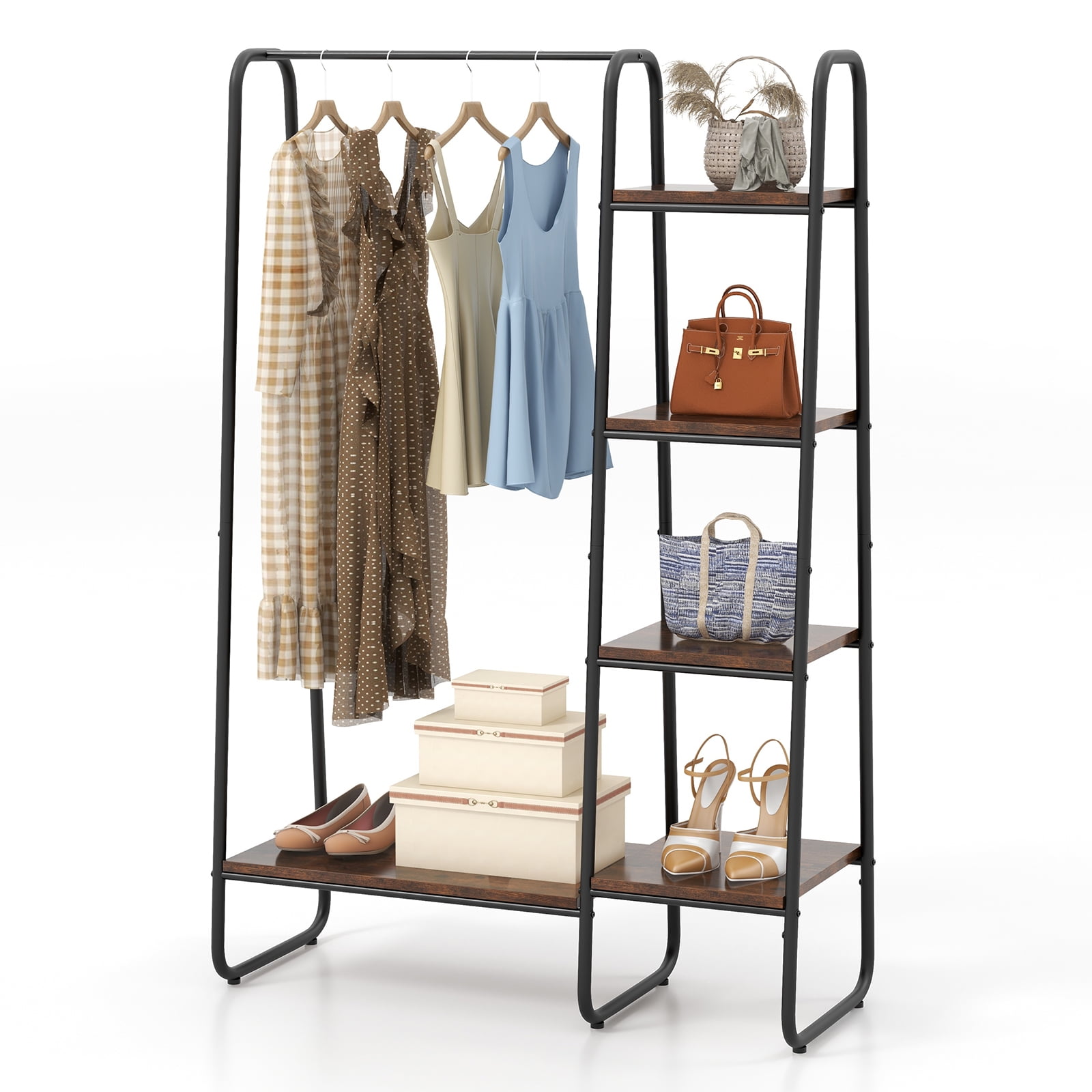 Topbuy Clothes Rack with Shelves Free Standing Metal Garment Clothing Rack with Hanging Rod 5 Wooden Shelves Adjustable Foot Pads Rustic Brown Black