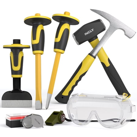 INCLY 8PCS Geology Rock Pick Equipment Kit, 3lb Sledge & 32oz Rock Hammer with 3PCS Concrete Chisel, Safety Goggles, Rock Hounding Equipment for Splitting, GoldMining, Stone Breaking