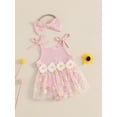 thumbnail image 5 of Newborn Baby Toddler Girl Romper Dresses Outfit, 3 6 9 12 18 Months Sleeveless Flower Print Tulle Patchwork Romper Dress with Bowknot Hairband Summer Clothes, 5 of 9