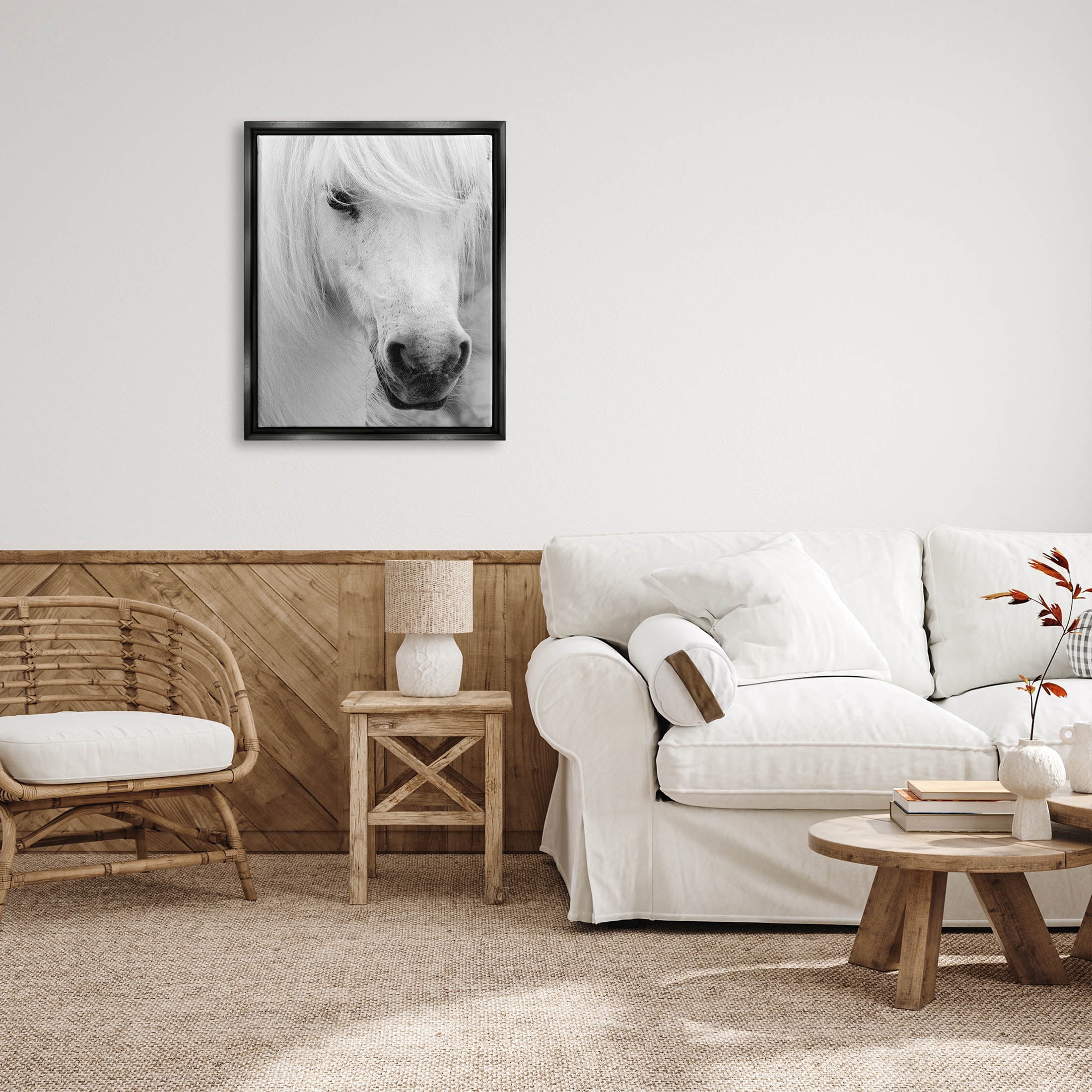 Elegant White Horse Stallion Animals & Insects Photograph Jet Black Framed Art Print Wall Art