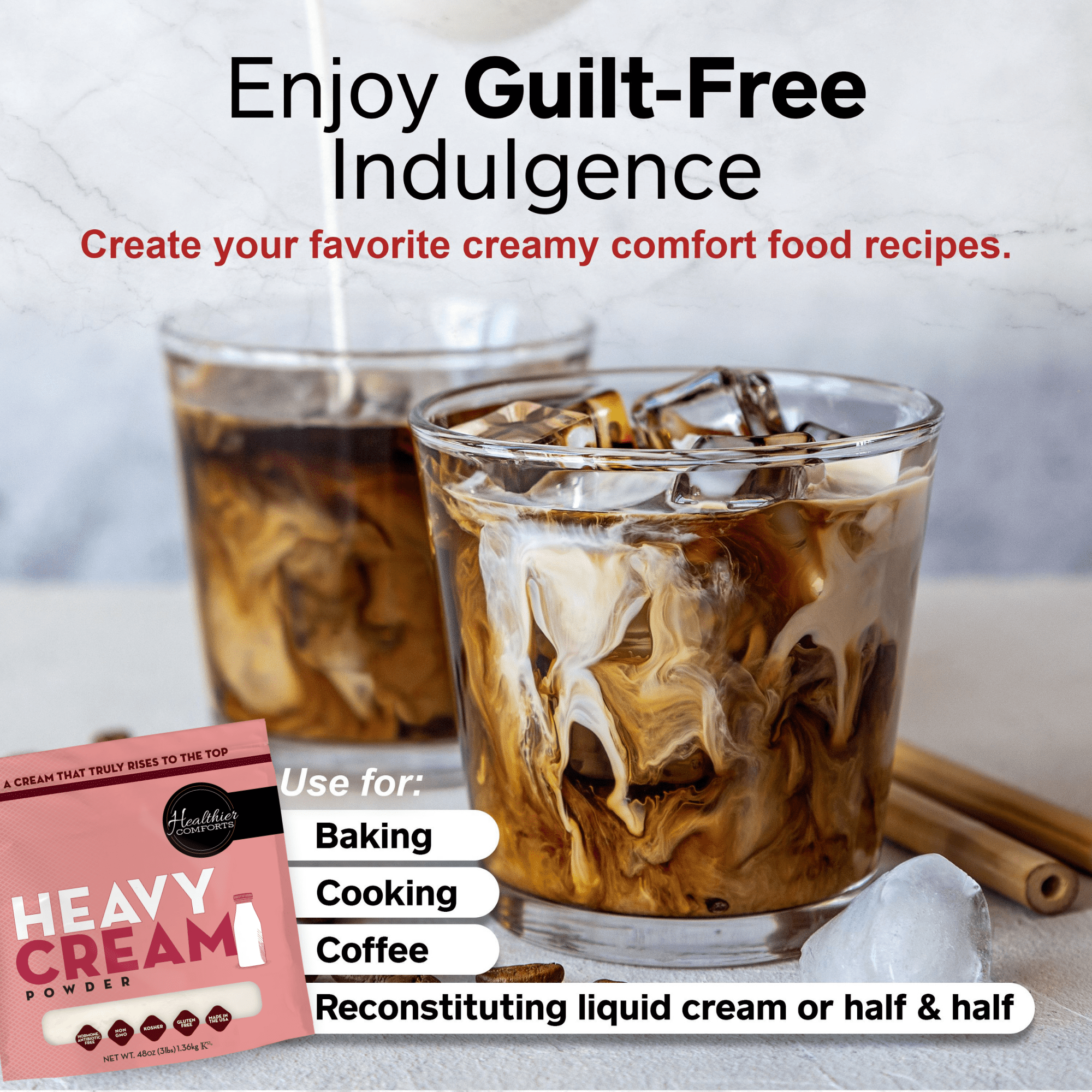 Healthier Comforts Heavy Cream Powder 48oz | 72% Butterfat, Kosher, Gluten Free, Non-GMO, Keto Friendly, Free of Antibiotics & Hormones (rBGH or rBST) | Made in USA