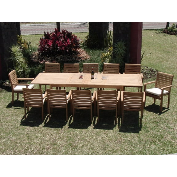 Teak Dining Set:12 Seater 13 Pc - Large 117" Mas Trestle Leg Rectangle Table and 12 Hari Stacking Arm Chairs Outdoor Patio Grade-A Teak Wood WholesaleTeak #WMDSHR8