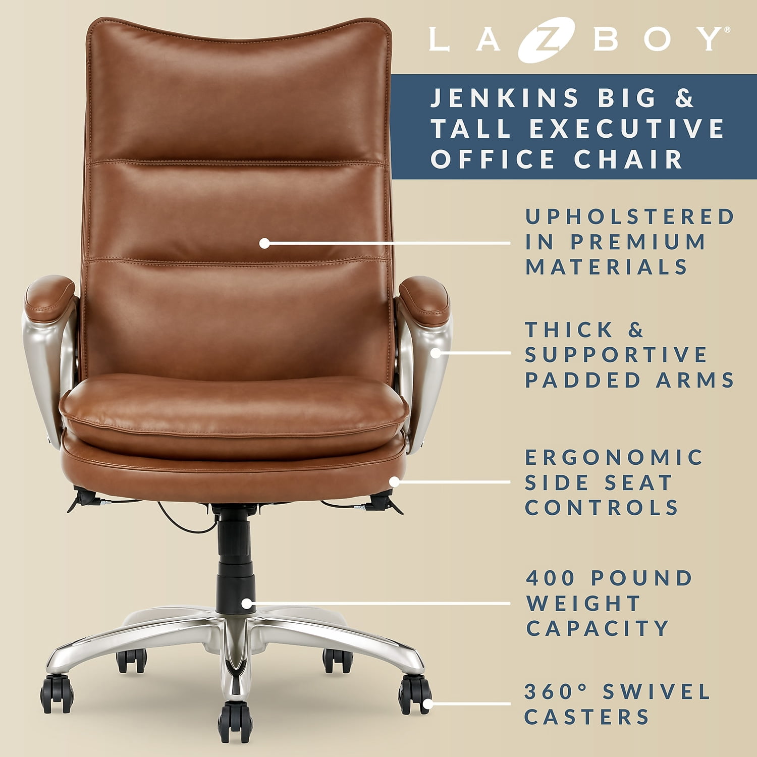 La-Z-Boy Jenkins Ergonomic Bonded Leather Swivel Executive Big & Tall Chair Brown (60075-CAM)