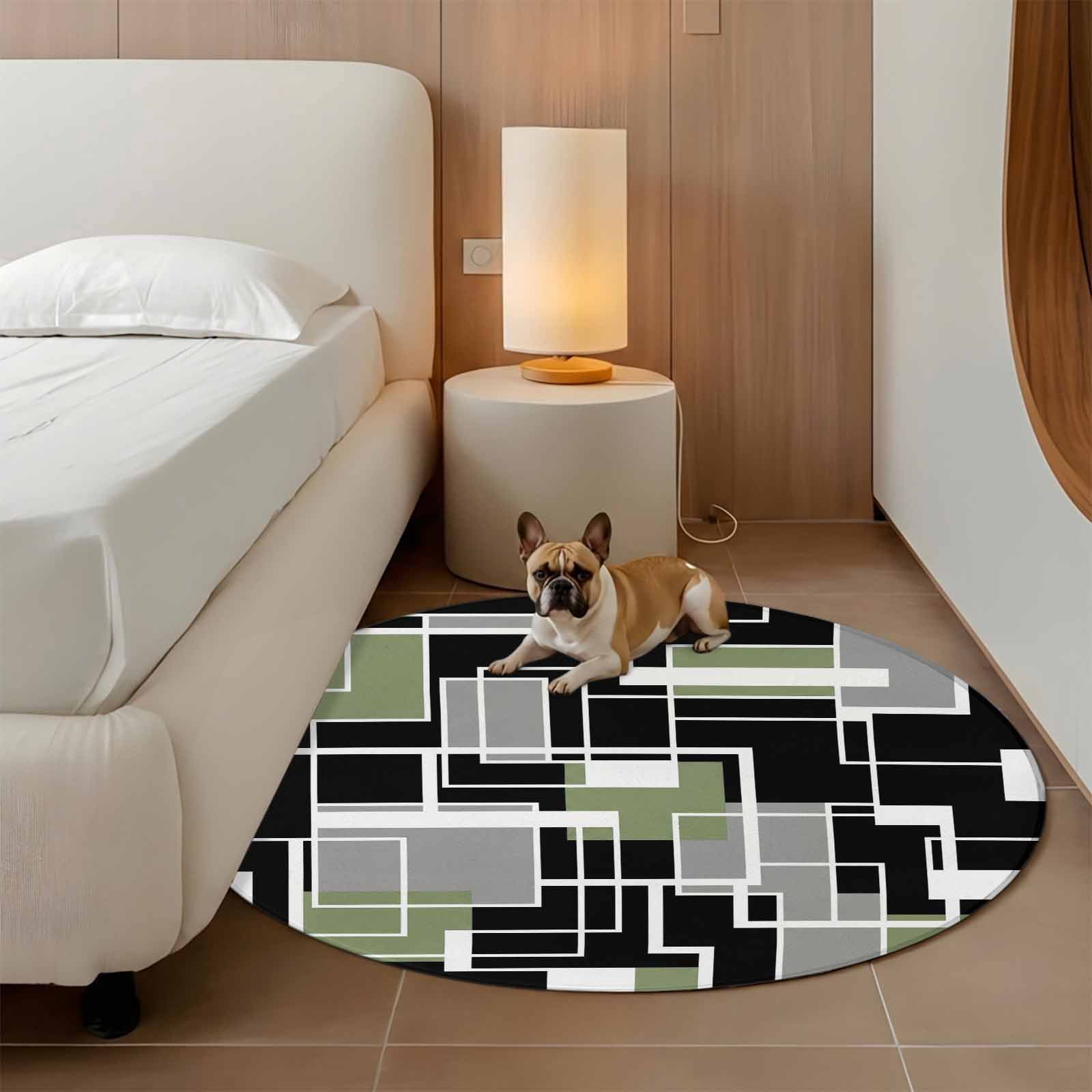 Sage Green Black Geometric Round Area Rug 4Ft Washable Circle Rugs for Bedroom Dining Room, Modern Abstract Art Block Non-Slip Carpet Floor Mats Indoor Outdoor Carpet Runner Aesthetic Home Decor