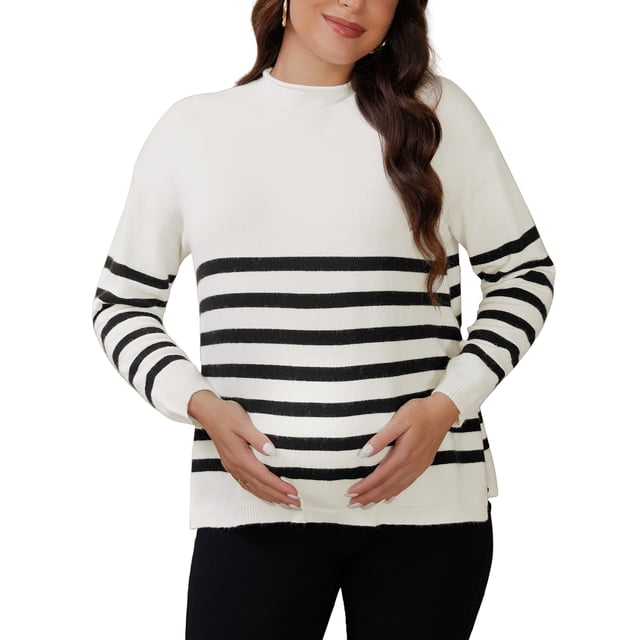 Suéteres de maternidad para mujeres, camisetas de manga larga, con abertura lateral, rayas, tejido acanalado, cuello simulado, pulóver para el embarazo, XL, blanco