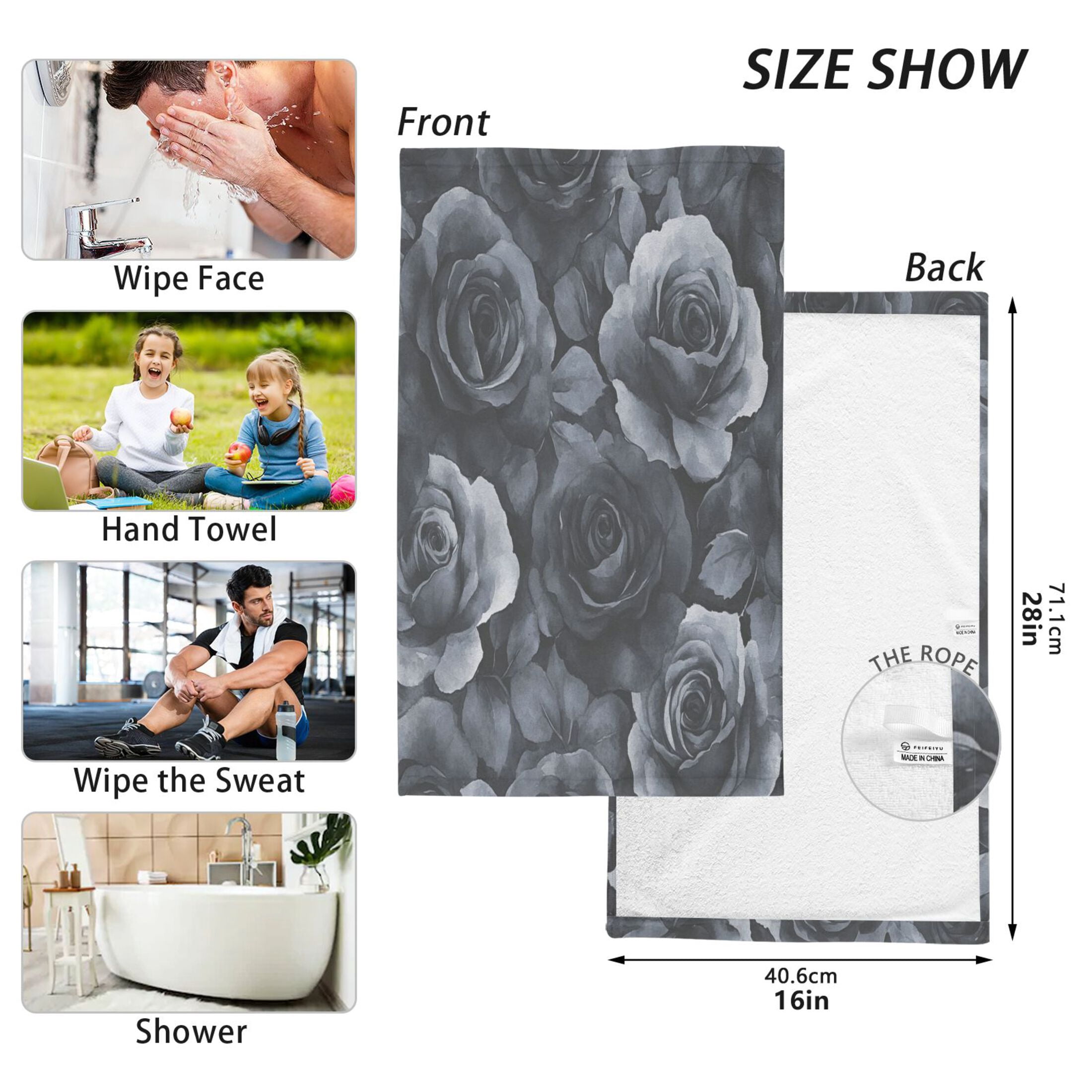 Cotton Towel Two-Piece 16x28 Inch One Sizex2 Face Towel Set Towel Set Cotton Hand Bath Towel Bathroom Beach Black Flowers