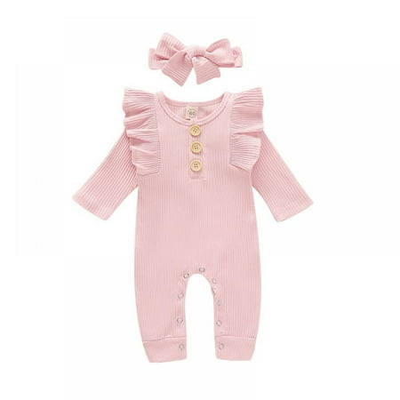 

Infant Round Collar Long Sleeve Solid Color Girls Jumpsuit Soft Romper Set With Bowknot Hair Band Two-piece Set