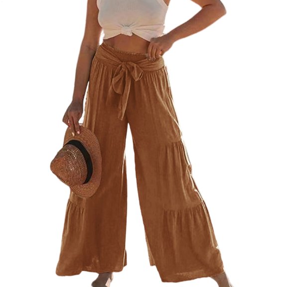 Ankishi Long Ruffle Pants Women High Waist Stylish Ruffled Slacks Loose Fit Wide Leg Beach Palazzo Pants for Holiday Travel