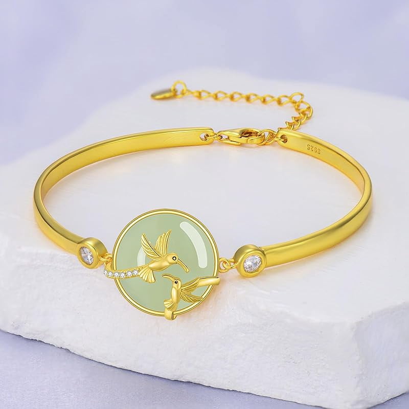 JKR Jade Bracelet for Women 14k Plated Sterling Silver Lotus/Sunflower/Tree of Life/Hummingbird/Dragonfly/Bee/Butterfly/Cat Jade Jewelry Birthday Mothers Day Gifts for Mom Grandma