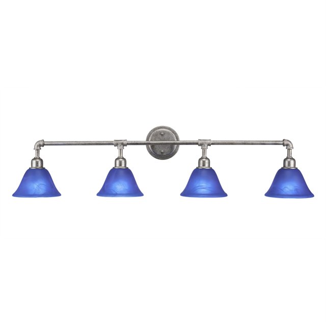 Barra de baño vintage de 4 luces con acabado plateado envejecido y vidrio italiano azul de 7 "