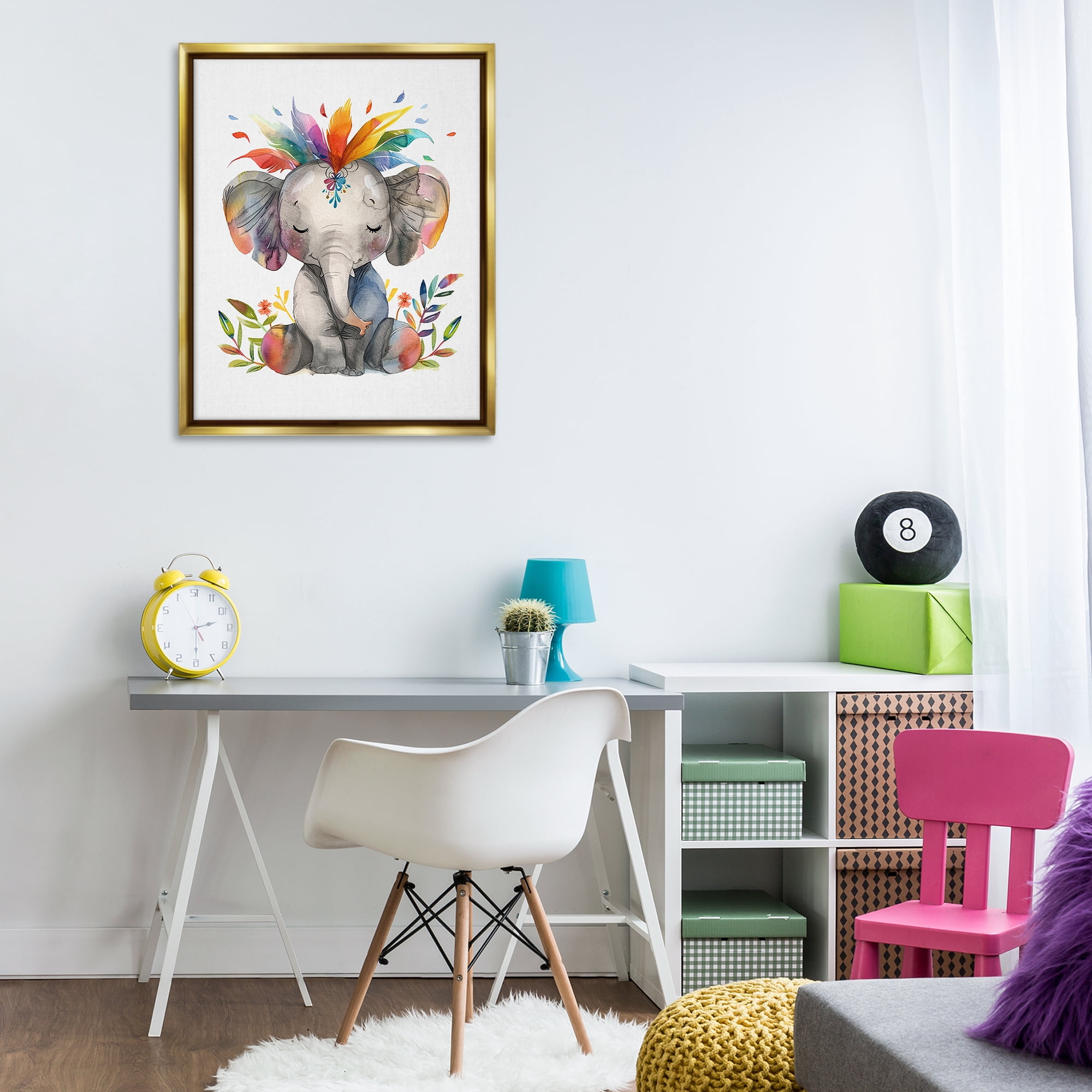 Stupell Industries Rainbow Blooms Elephant Animals Painting Gold Floater Framed Canvas Art Print Wall Art, 25 x 31