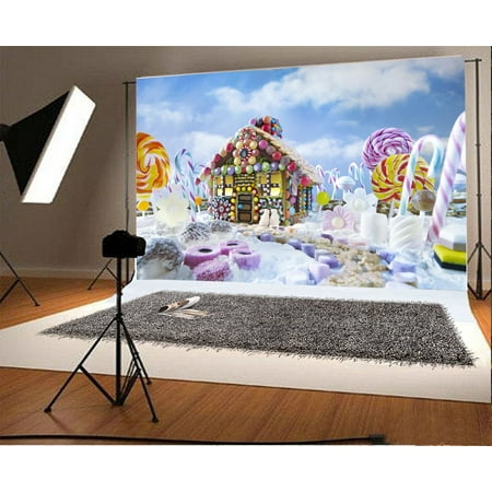 HelloDecor Polyster 7x5ft Photography Background Christmas Gingerbread House Candy Canes and Sweets Surrounded Landscape Lollipops Colorful Backdrop Children Baby Girls Photo Portrait Shoot Video