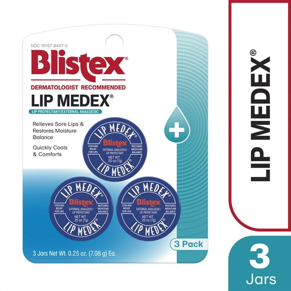 Blistex Lip Medex, Lip Protectant/External Analgesic, Relieves Sore Lips & Restores Moisture Balance, 0.25 Ounce Jar - 3 Count