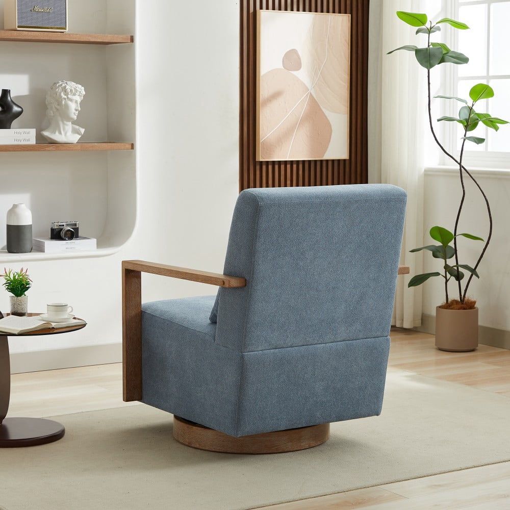 Swivel Accent Chair, 360 Degree Modern Upholstered Lounge Chair with Solid Wood Armrests, Linen Blend Fabric, Comfy Reading Chair for Living Room, Bedroom & Office, Blue