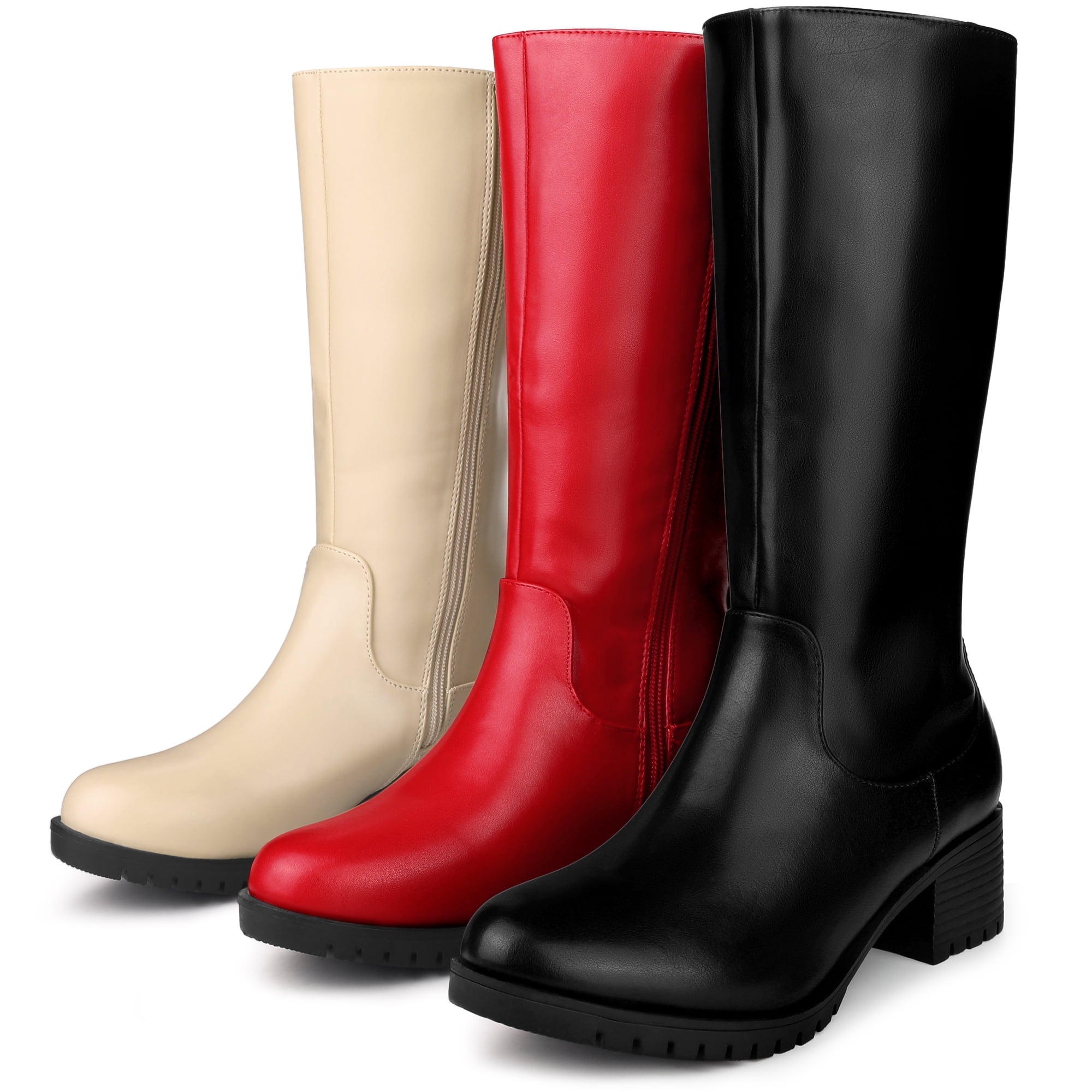 Unique Bargains Round Toe Side Zip Low Chunky Heels Mid Calf Boots for Women Black 9