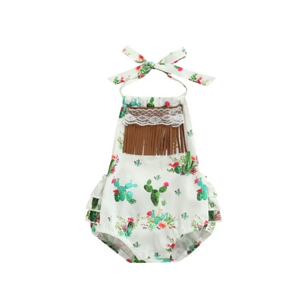 

Sunisery Lovely Newborn Baby Girls Rompers Summer Sleeveless Cactus Print Lace Tassel Halter Jumpsuits White 12-18 Months