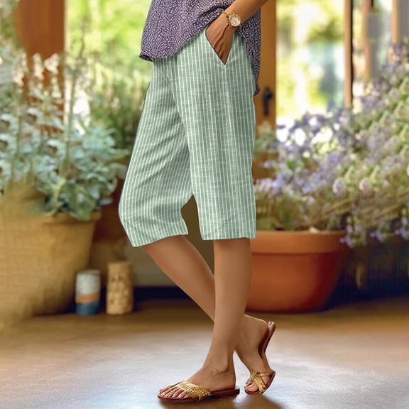 Pedal Pushers for Women Casual Summer Wide Leg Cotton Linen Striped Shorts Casual High Waist Linen Capri Pants Gauze Capris,M