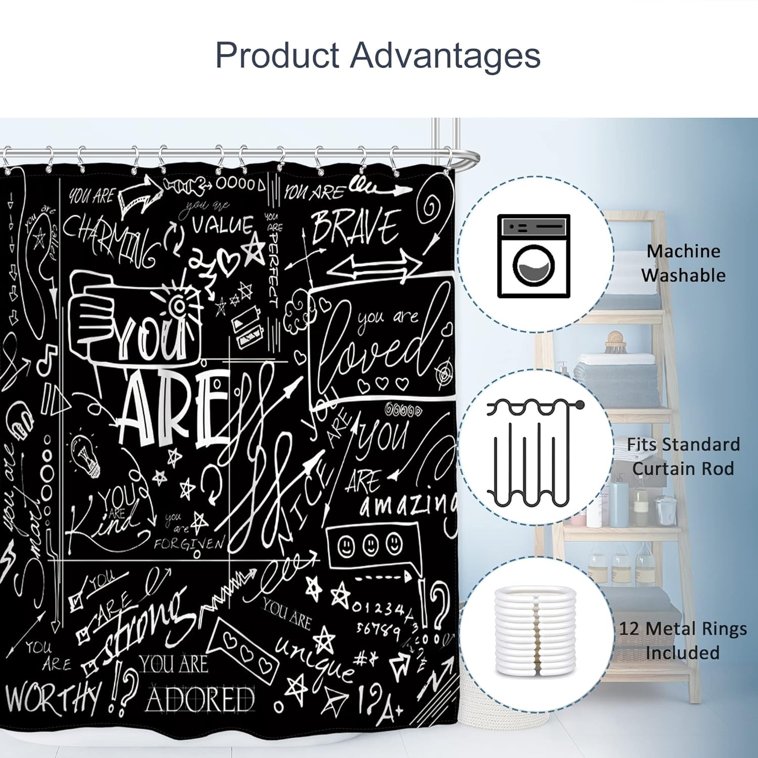 Black Funny Quotes Shower Curtain 72Wx72L Inch for Kids Teens White Inspirational You are Graffiti Abstract Aesthetic Motivational Artwork Cloth Fabric Bathroom Decor Set 12 Pack Hooks
