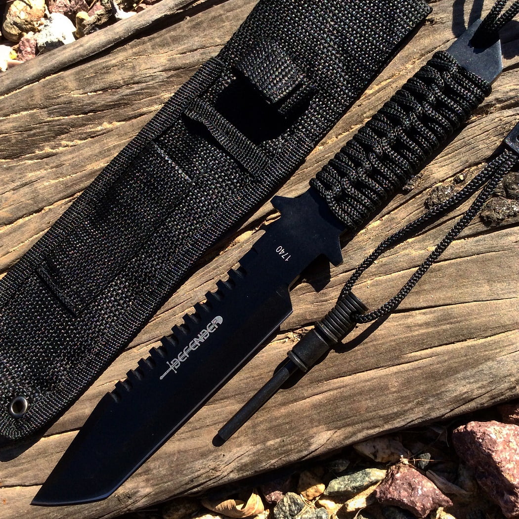11' All Black Full Tang Hunting Knife With Fire Starter & Sheath
