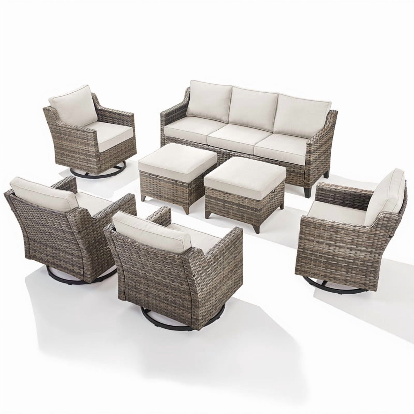 PARKWELL 7 Piece Outdoor Patio Furniture Set,All-Weather Rattan Conversation Set with Deep Seat Couch,Swivel Glider Chair and Foot Rest,9-Seat Furniture Sets for Deck, Backyard,Gray/Beige