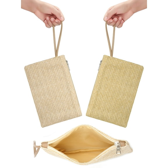 Deago 2 Pieces Straw Clutch Bag Bohemian Summer Beach Handbag Straw Purse Zipper Wristlet Wallets for Women Girl (Khaki Beige)