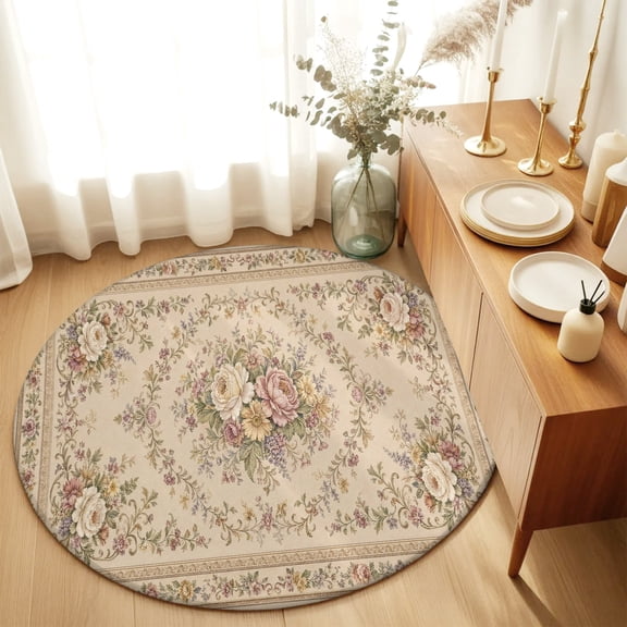 Round Rugs 4Ft, Boho Flowers Round Area Rug Washable Indoor Throw Carpet, Vintage Middle Century Floral Brown Soft Non Slip Circle Rug for Kitchen Nursery Room Home Decor Aesthetic