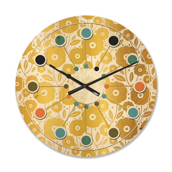 Designart 'Golden Floral Retro I ' Mid-Century Modern Wood Wall Clock