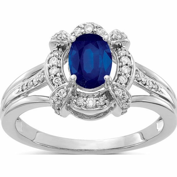 14K White Gold Diamond And Oval Sapphire Ring (Size 7) Made In India -Jewelry By Sweet Pea