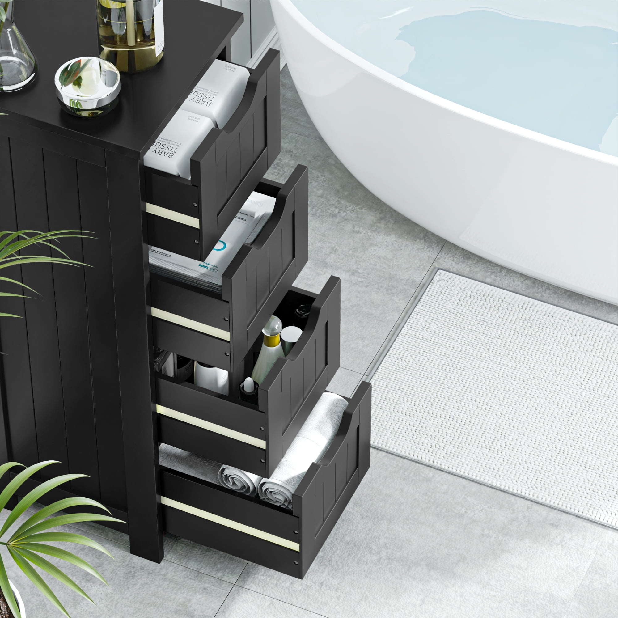 HomGarden 4 Drawers Small Bathroom Storage Cabinet Floor Side Cabinet, Black