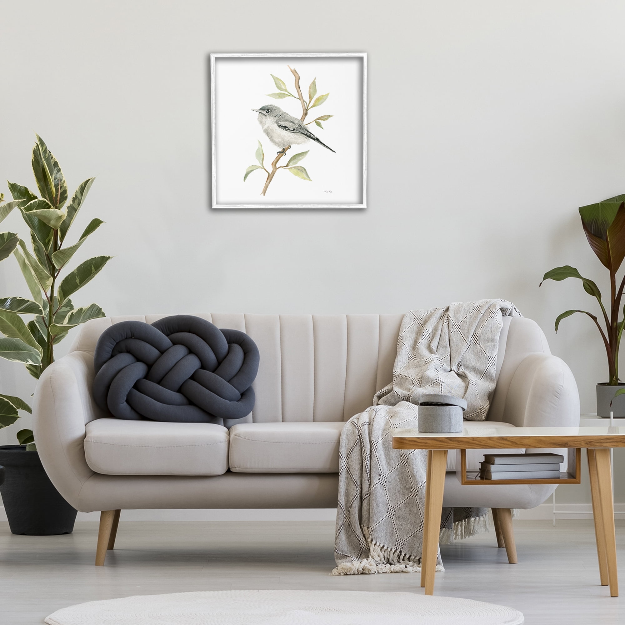 Stupell Industries Bird on Simple Branch Animals & Insects Painting White Framed Art Print Wall Art, 24 x 24