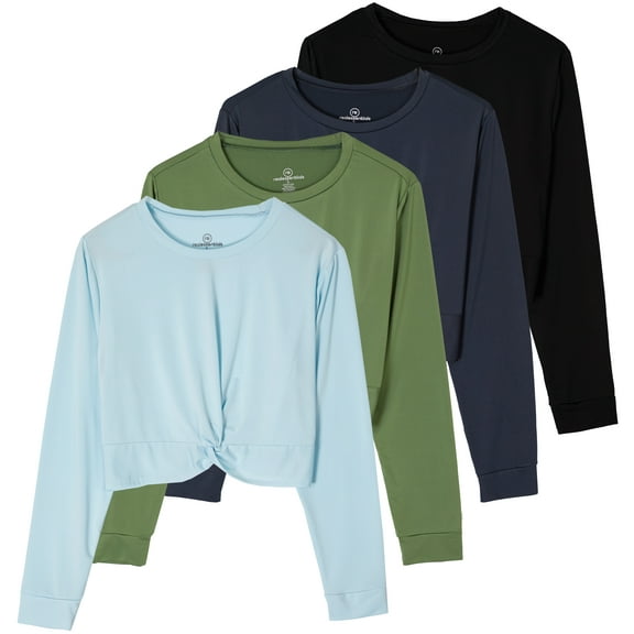 Real Essentials 4 Pack: Women's Dry-Fit Long-Sleeve Twist Front T-Shirt - Athletic Workout Yoga Tops (Available in Plus Size)