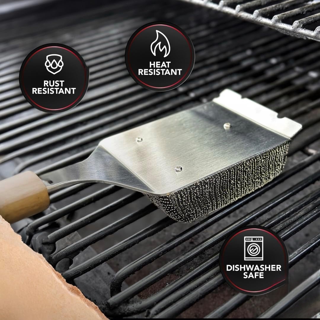For Barbecue – Extended Large Wooden Handle with Replaceable Head, No Scratch BBQ Cleaning Accessories for Outdoor Grills – Bristle Free Grill Brush and Scraper