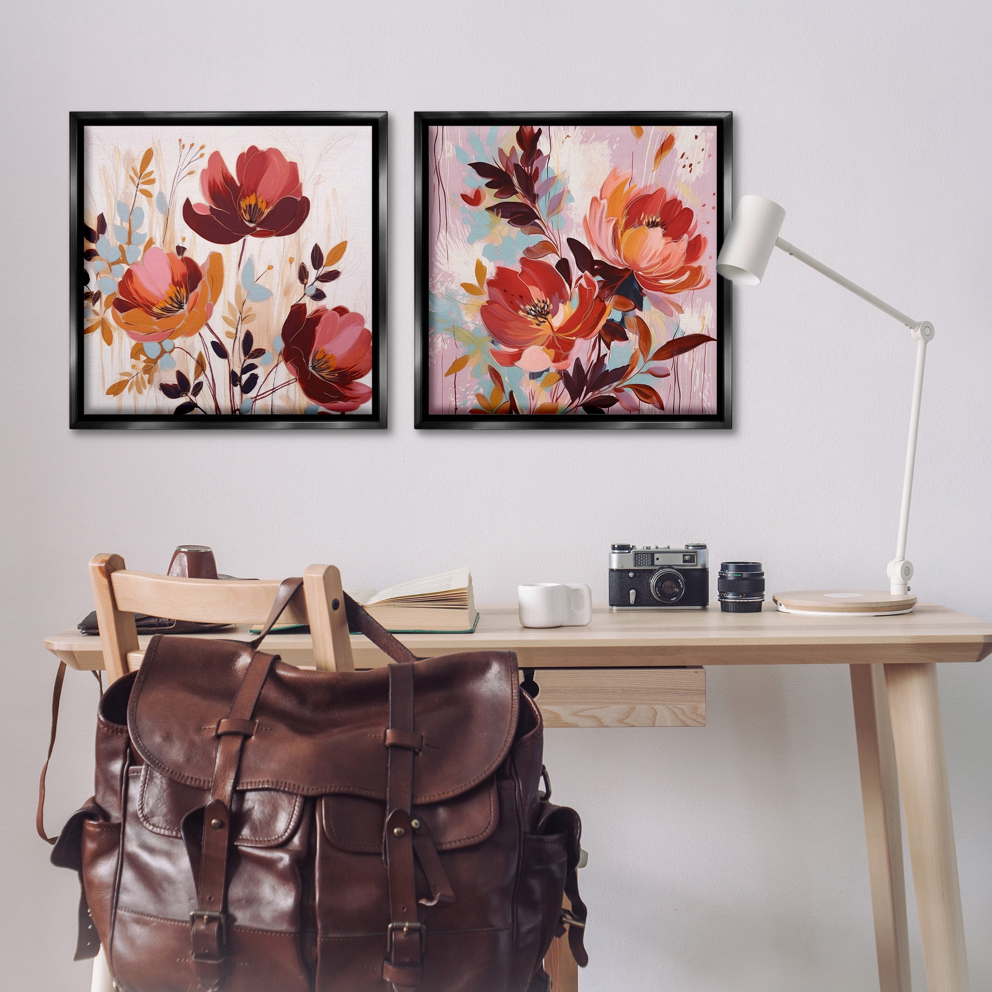 Stupell Industries Red Modern Flowers Botanical & Floral Painting Black Floater Framed Canvas Art Print Wall Art, 25 x 25, Set of 2