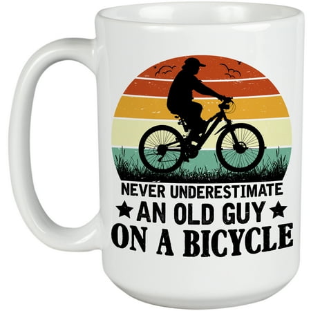 

Retro Never Underestimate an Old Guy on a Bicycle Biker Cyclist or Bicyclist Grandpa White 15oz Ceramic Mug