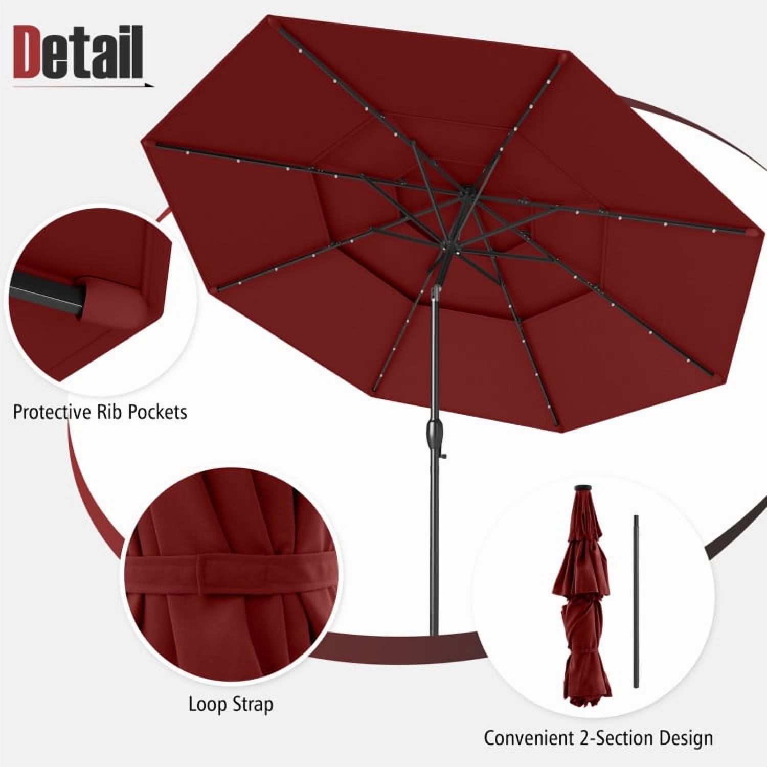 YYAo Outdoor Garden Umbrella,Market Umbrella,10 Feet Solar Patio Umbrella with 32 LED Lights 3-Tier Vented Top-Wine