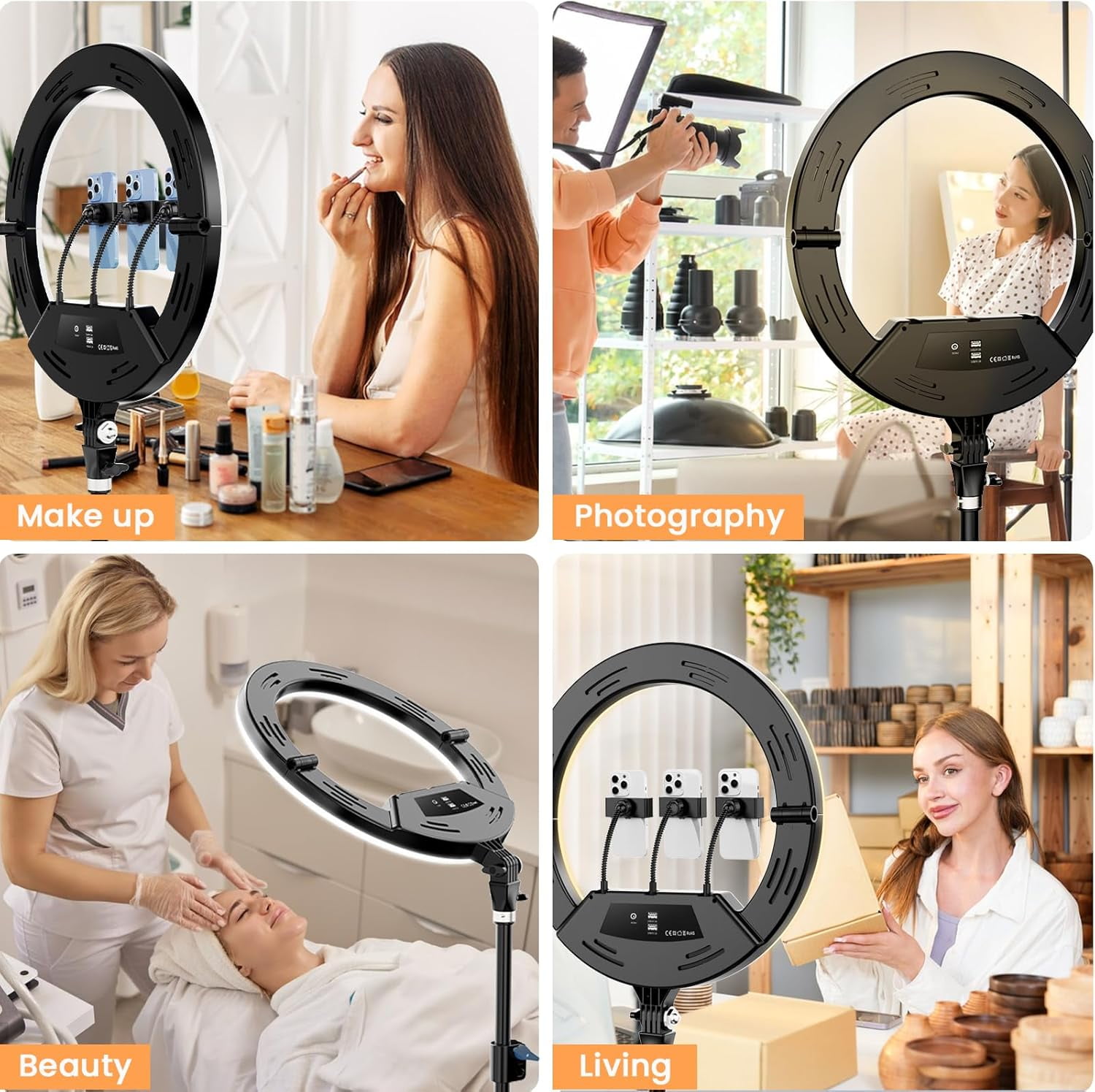 18” Foldable LED Ring Light with Stand for iPhone & iPad, Dimmable 2700-6500K with LED Display, 2 USB Ports & 4 Phone/Tablet Holders – Perfect for Makeup, Tattoo, Barber, Studio & Video Recording