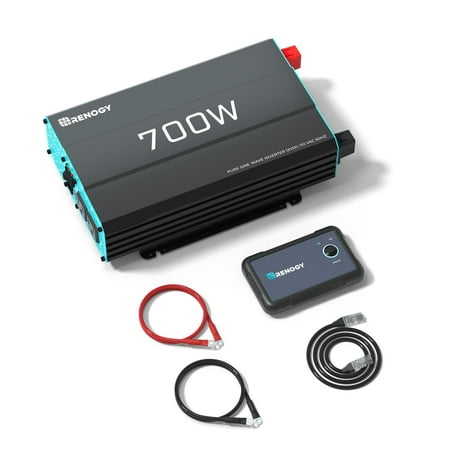 Renogy Pure Sine Wave Inverter 700W DC 12V to AC 120V Built-in 5V/2.1A USB Port AC Hardwire Port 16.4FT Remote Controller