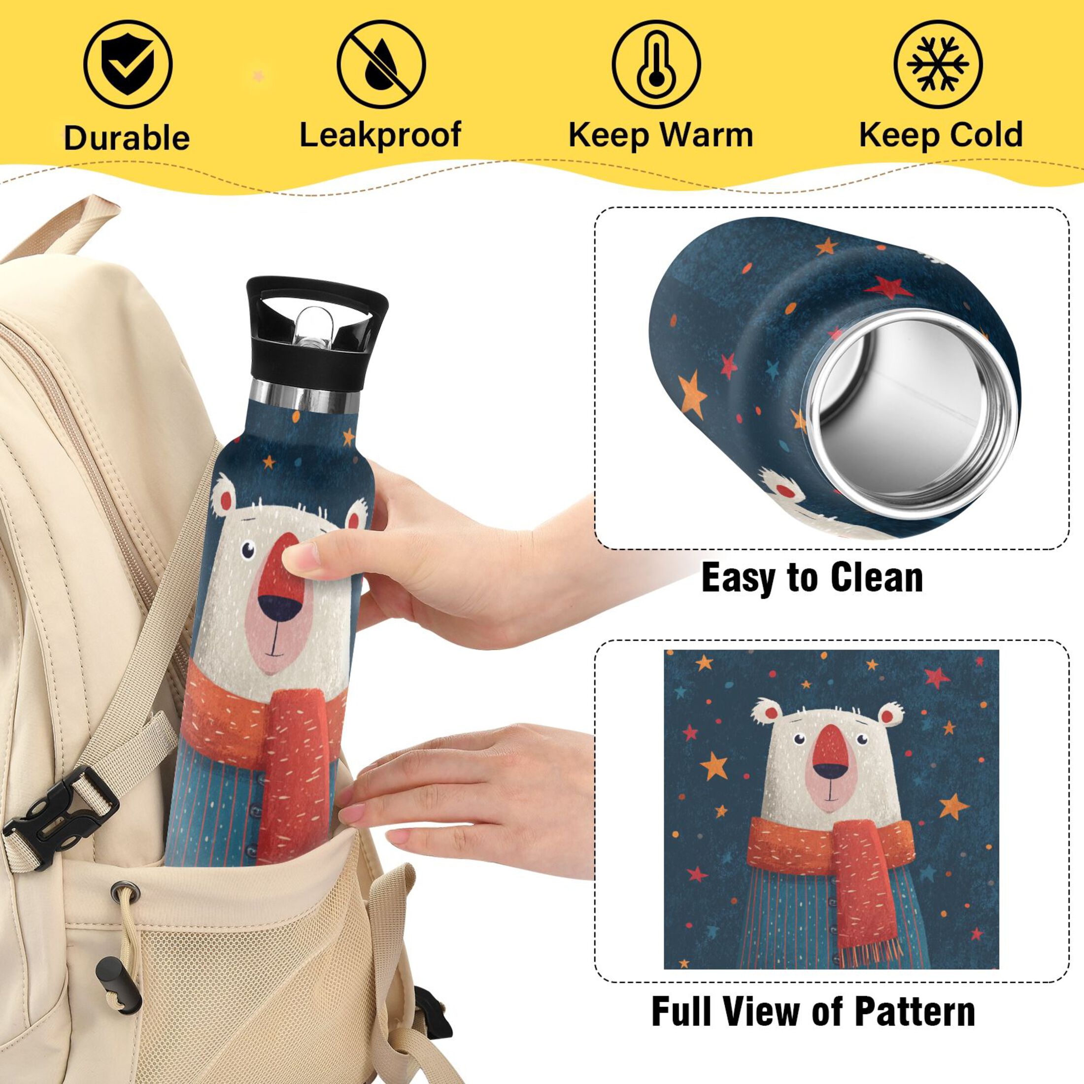 600ML Stainless Steel Insulated Cup Sports Water Bottle Portable Thermos Cup Water Glasses Insulated Tumblers Convenient and Durable Cartoon Christmas White Bear