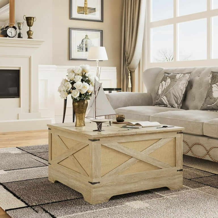 HAIOOU Rattan Lift Top Coffee Table with Storage Square Center Table for Living Room with LED Light