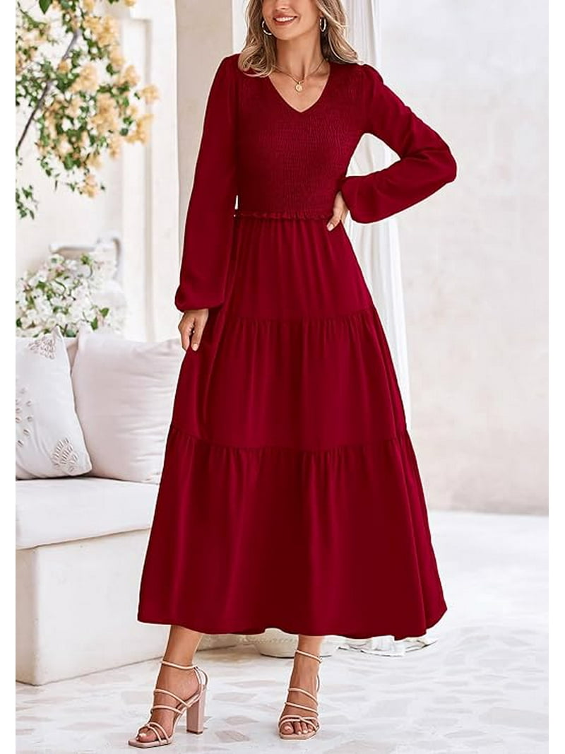 PRETTYGARDEN Women's Midi Dresses Spring Long Sleeve V Neck Tiered Smocked  A Line Long Flowy Dress
