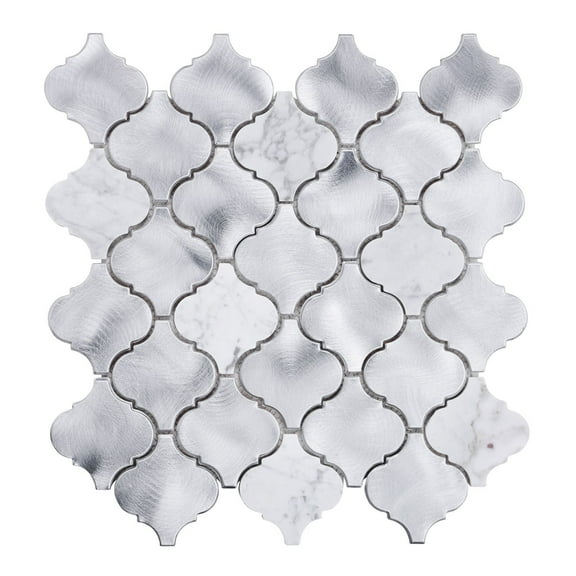 Modket White Calacatta Marble Arabesque Metallic Aluminum Blend Mosaic Tile Backsplash