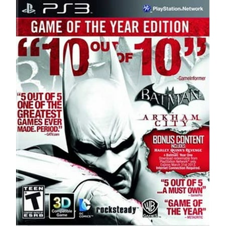 Batman: Arkham City GOTY  WHV Games  PlayStation 3  883929240708 Developed by Rocksteady Studios  Batman: Arkham City builds upon the intense  atmospheric foundation of Batman: Arkham Asylum  sending players soaring into Arkham City  the new maximum security  home  for all of Gotham City s thugs  gangsters and insane criminal masterminds. The game features an unique combination of melee combat  stealth  investigative and speed-based challenge gameplay. Set inside the heavily fortified walls of a sprawling district in the heart of Gotham City  this highly anticipated sequel introduces a brand-new story that draws together a new all-star cast of classic characters and murderous villains from the Batman universe  as well as a vast range of new and enhanced gameplay features to deliver the ultimate experience as the Dark Knight. The Game of the Year Edition includes Harley Quinn s Revenge. Now more dangerous than ever and leading a homicidal gang of her own  she is hell-bent on taking revenge against the Dark Knight. Bonus content includes: Catwoman Pack  Robin Bundle Pack  Nightwing Bundle Pack  Arkham City Skins Pack and Challenge Map Pack Download Batman Year One movie from PlayStation Network Harley Quinn s Revenge contains over 2 hours of content  new storyline and enemies  play as both Batman and Robin  new environments and new collectables
