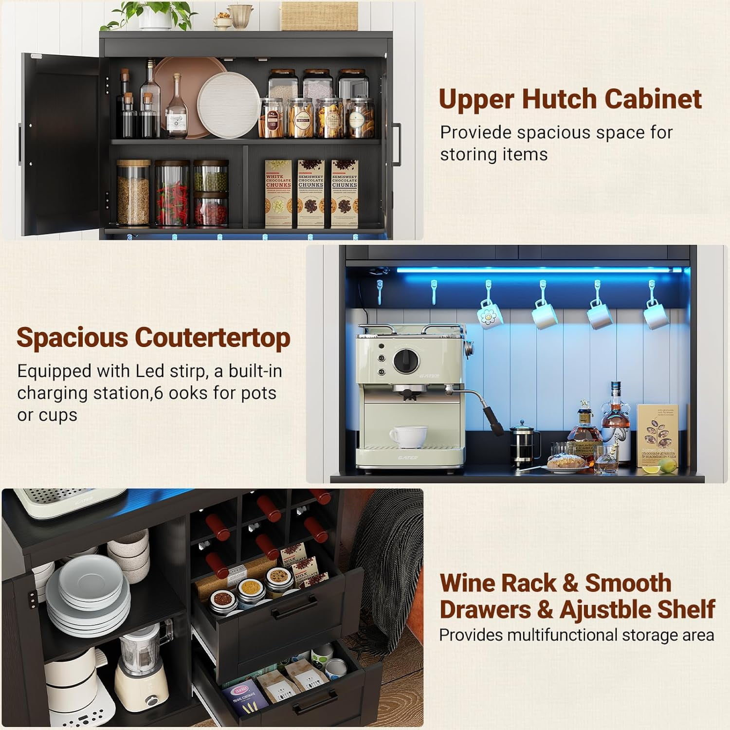 Homieasy 72'' Tall Pantry Cabinet with Outlet & LED Light, 63'' Wide Kitchen Hutch Bar with Microwave Stand, Drawers, Wine Rack & Shelves, Cupboard for Dining Room, Dark Black
