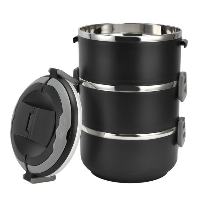 Boîte à lunch isotherme en acier inoxydable, boîte à lunch isotherme empilable à 3 niveaux avec couvercle étanche pour enfants, adultes, bureau, pique-nique, camping(Le noir)